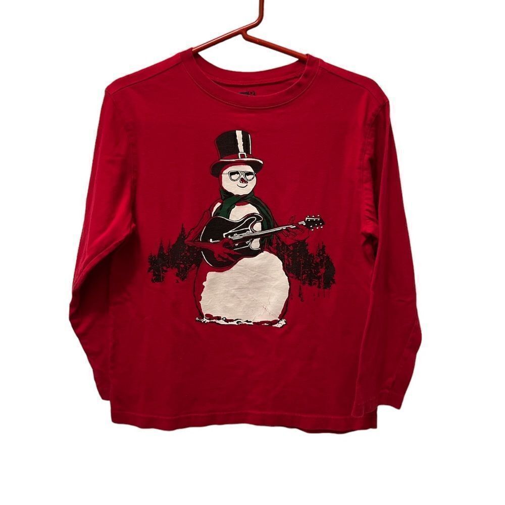 Crazy 8 youth boys size 10/12 guitar playing snowman red long sleeve shirt.